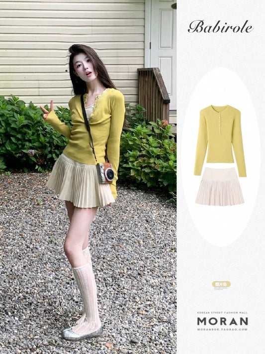 Early spring outfit: dopamine yellow fake two-piece slim long-sleeved sweater top and skirt two-piece suit
