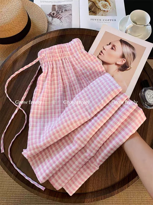 Grow freely pink plaid casual wide-leg straight-leg pants for women, summer thin style, dopamine slimming long pants.