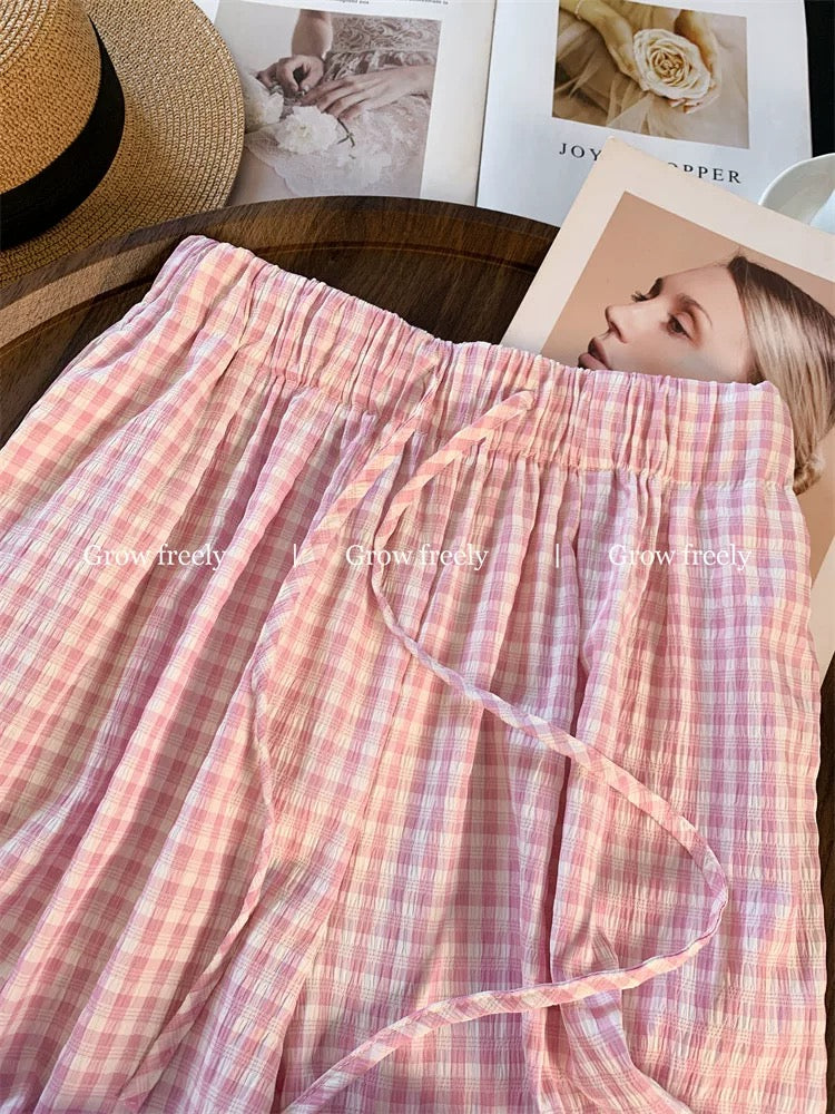 Grow freely pink plaid casual wide-leg straight-leg pants for women, summer thin style, dopamine slimming long pants.