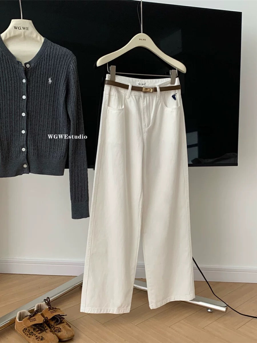 WGWE women's straight pants 2024 autumn and winter high waist pony embroidery white loose mopping pants wide leg jeans trend