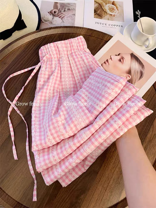 Grow freely Blue plaid patchwork lace casual pants for women, summer relaxed straight leg wide-leg trousers