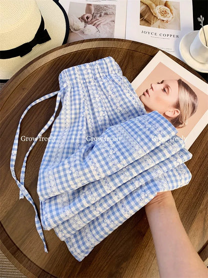 Grow freely Blue plaid patchwork lace casual pants for women, summer relaxed straight leg wide-leg trousers