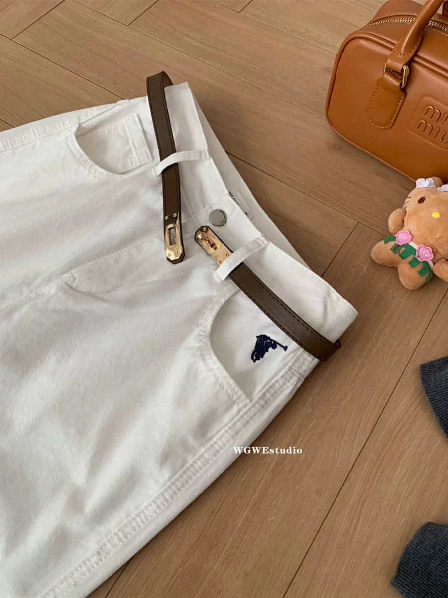 WGWE women's straight pants 2024 autumn and winter high waist pony embroidery white loose mopping pants wide leg jeans trend