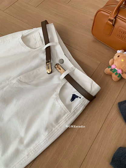 WGWE women's straight pants 2024 autumn and winter high waist pony embroidery white loose mopping pants wide leg jeans trend