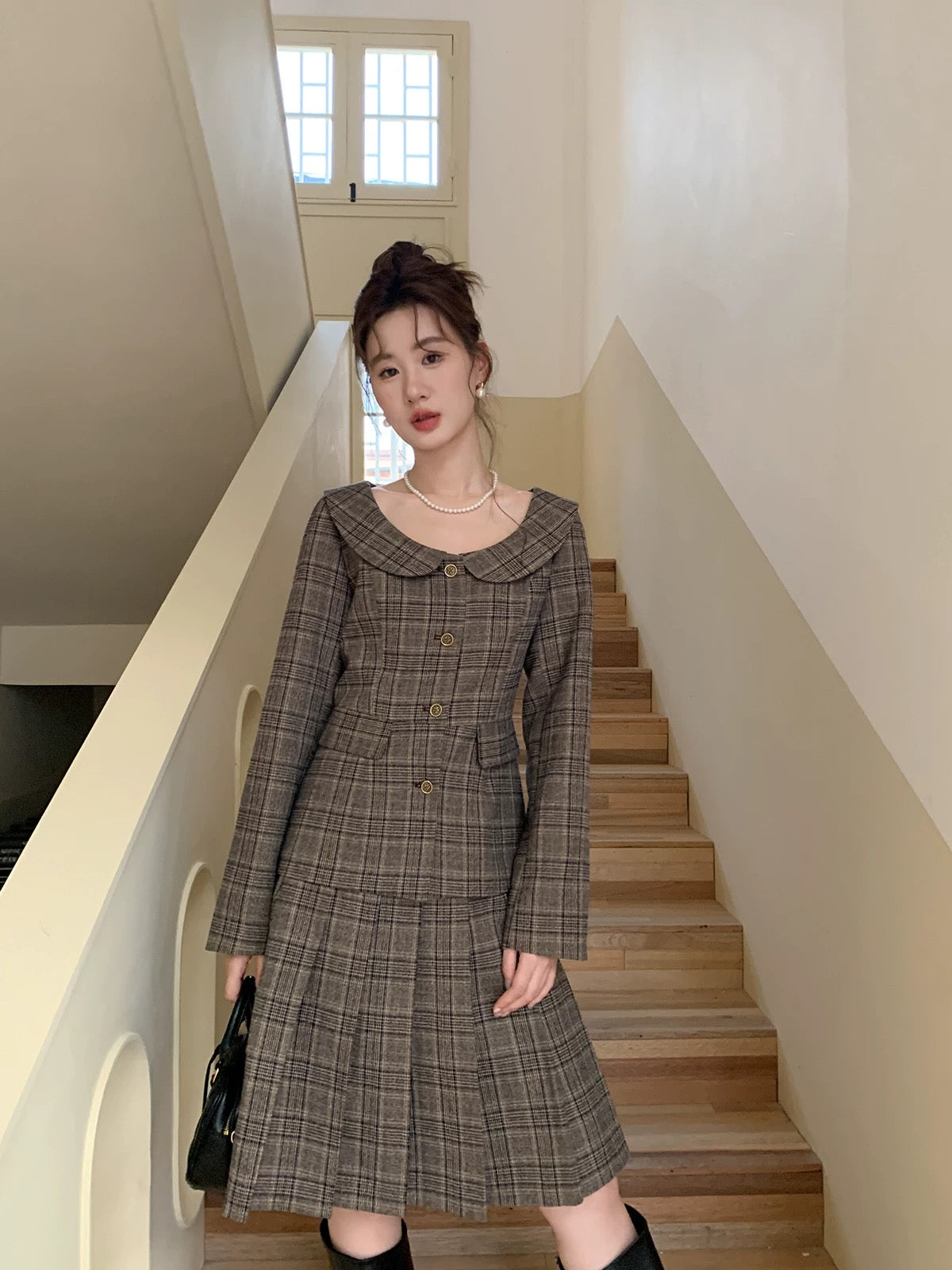 XXNING retro lapel plaid vest skirt suit 2024 autumn and winter new style elegant temperament and high-end long skirt