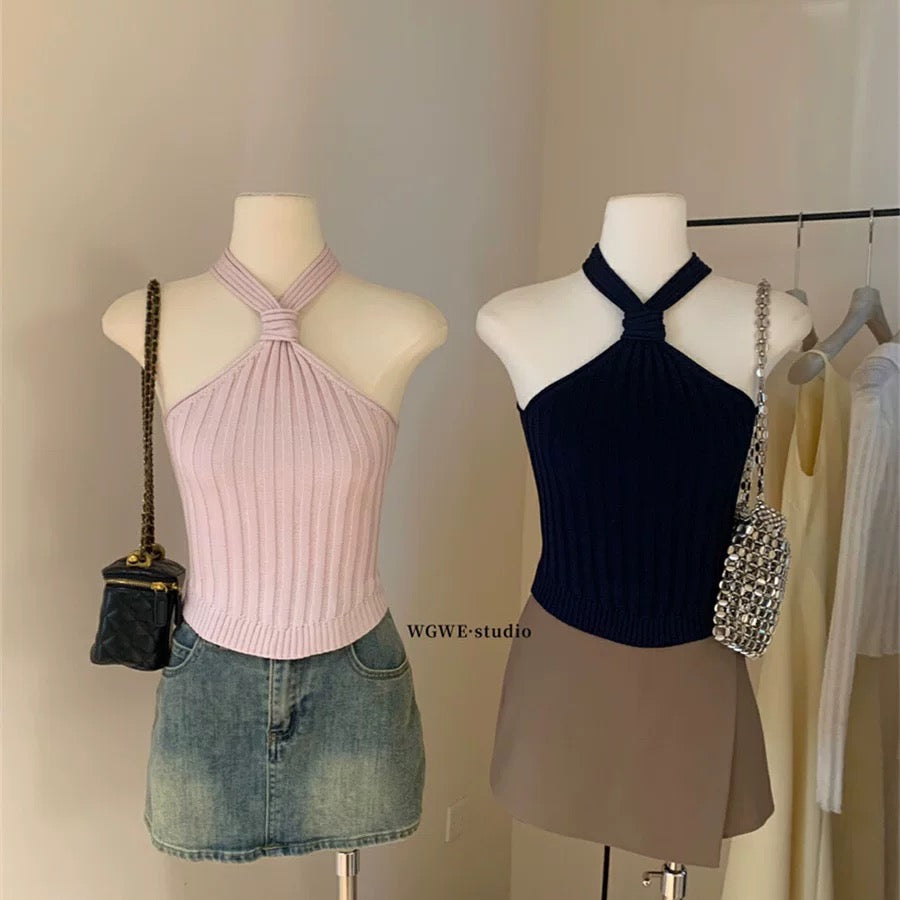 WGWE2025 Spring and Summer Korean Pure Desire Hot Girls All-match Casual Solid Color Twisted Thick Striped Halter Knitted Vest