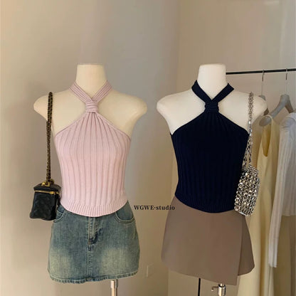 WGWE2025 Spring and Summer Korean Pure Desire Hot Girls All-match Casual Solid Color Twisted Thick Striped Halter Knitted Vest