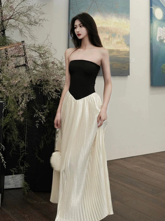 Drawdream ladylike one-shoulder tube top dress for women summer high-end contrasting color splicing slim long skirt