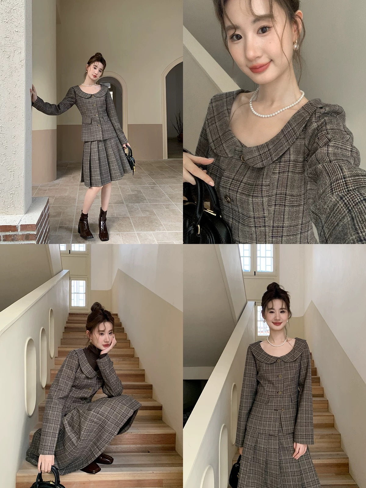 XXNING retro lapel plaid vest skirt suit 2024 autumn and winter new style elegant temperament and high-end long skirt