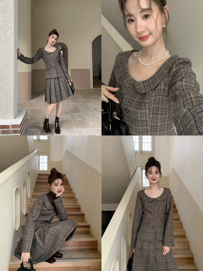 XXNING retro lapel plaid vest skirt suit 2024 autumn and winter new style elegant temperament and high-end long skirt