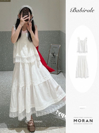Cool white style summer French first love camisole top half length skirt breast style two-piece suit for women