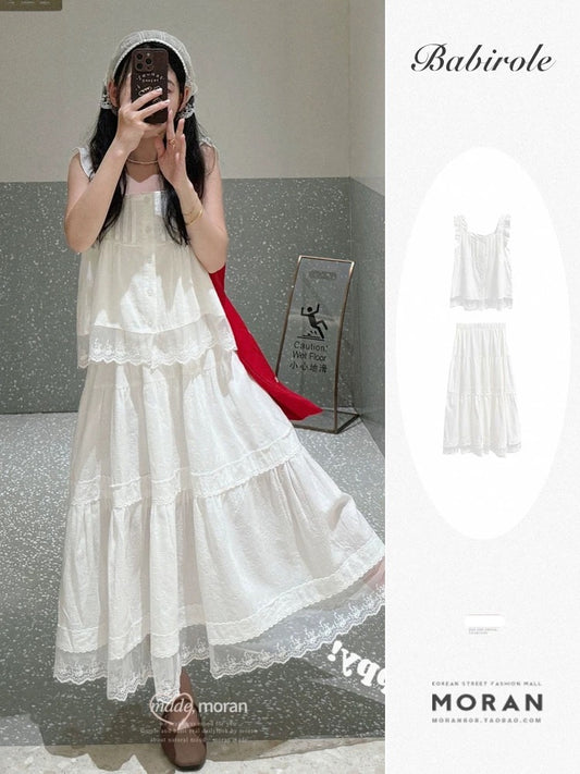 Cool white style summer French first love camisole top half length skirt breast style two-piece suit for women