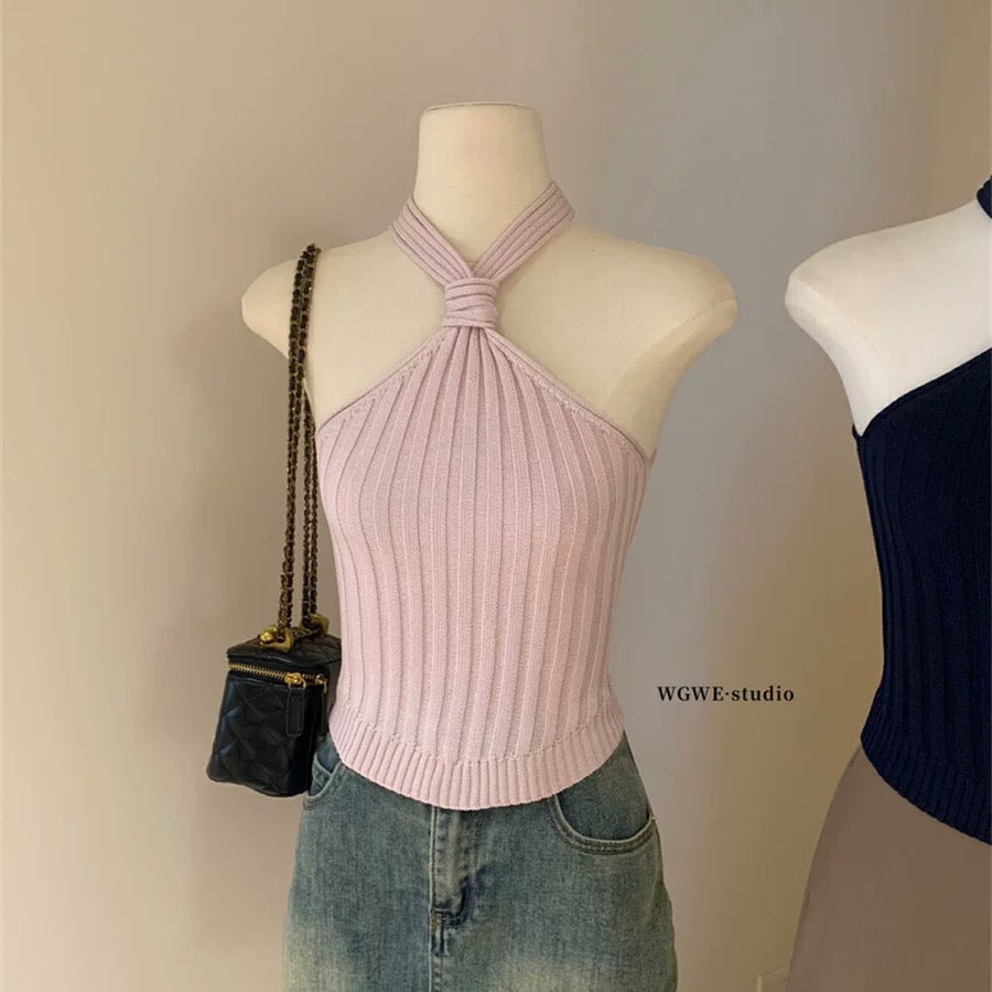 WGWE2025 Spring and Summer Korean Pure Desire Hot Girls All-match Casual Solid Color Twisted Thick Striped Halter Knitted Vest