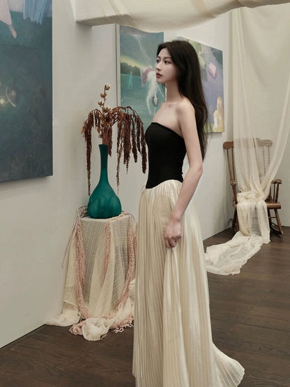 Drawdream ladylike one-shoulder tube top dress for women summer high-end contrasting color splicing slim long skirt