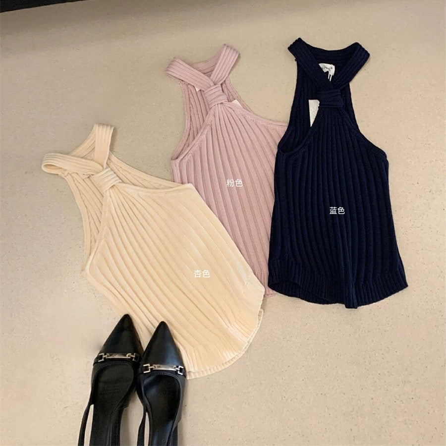 WGWE2025 Spring and Summer Korean Pure Desire Hot Girls All-match Casual Solid Color Twisted Thick Striped Halter Knitted Vest