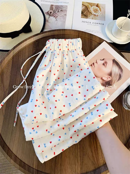 Grow freely Korean style colorful heart print casual pants for women, summer thin high-waisted loose wide-leg pants