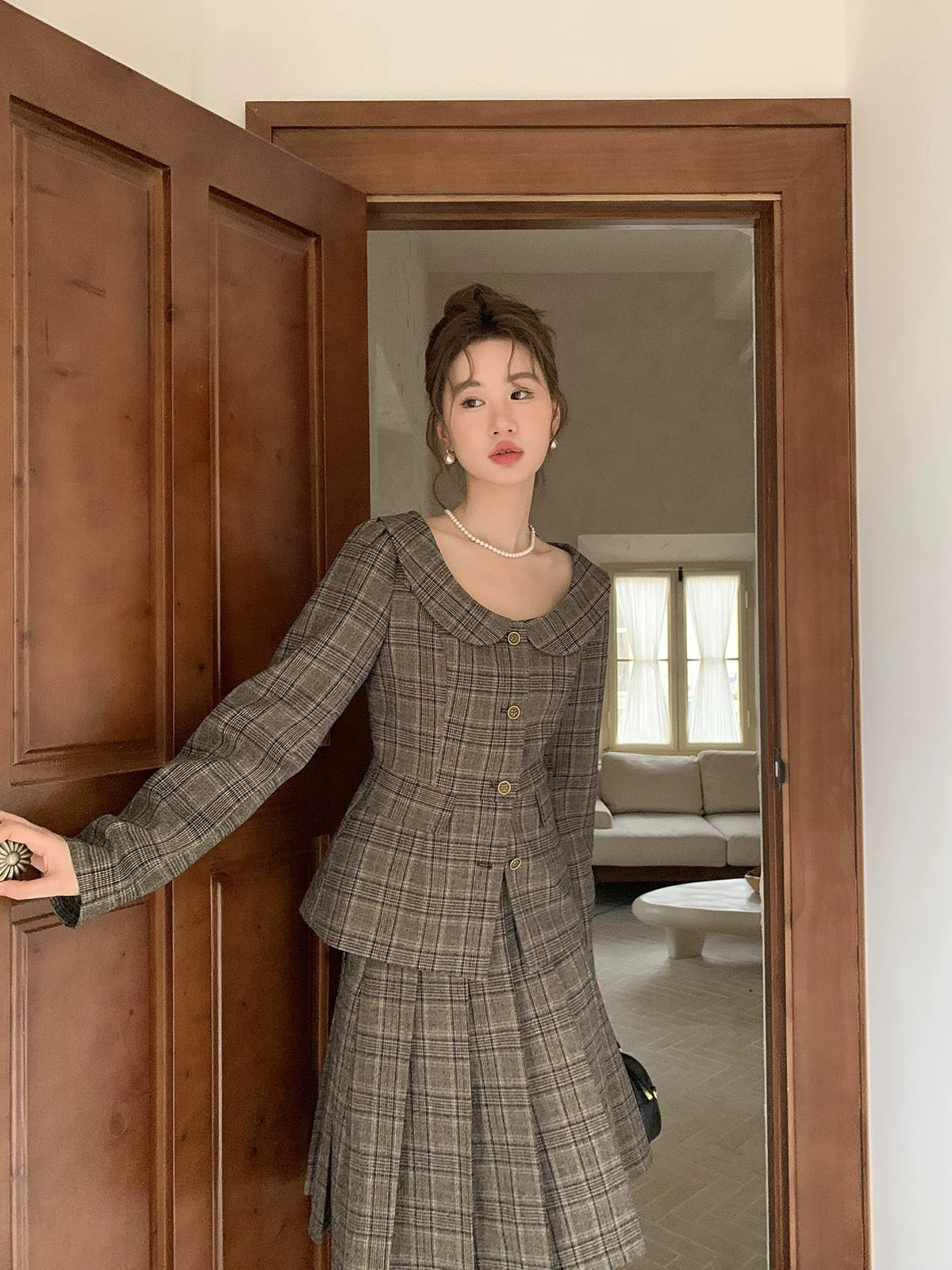 XXNING retro lapel plaid vest skirt suit 2024 autumn and winter new style elegant temperament and high-end long skirt