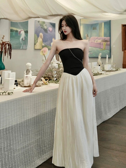 Drawdream ladylike one-shoulder tube top dress for women summer high-end contrasting color splicing slim long skirt