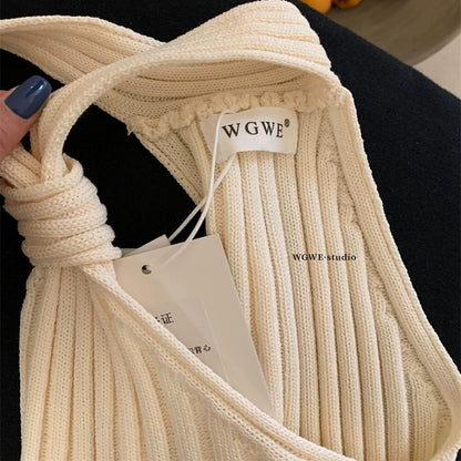 WGWE2025 Spring and Summer Korean Pure Desire Hot Girls All-match Casual Solid Color Twisted Thick Striped Halter Knitted Vest