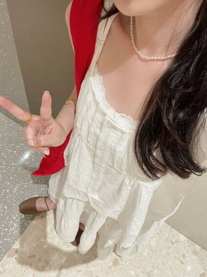 Cool white style summer French first love camisole top half length skirt breast style two-piece suit for women