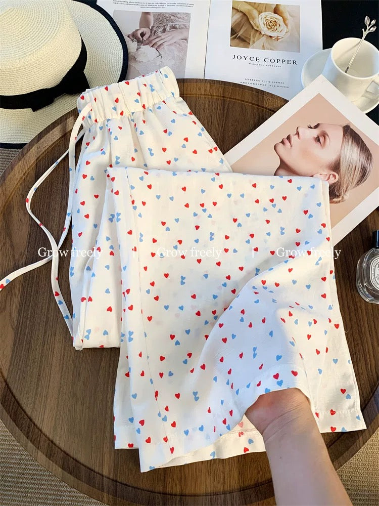 Grow freely Korean style colorful heart print casual pants for women, summer thin high-waisted loose wide-leg pants