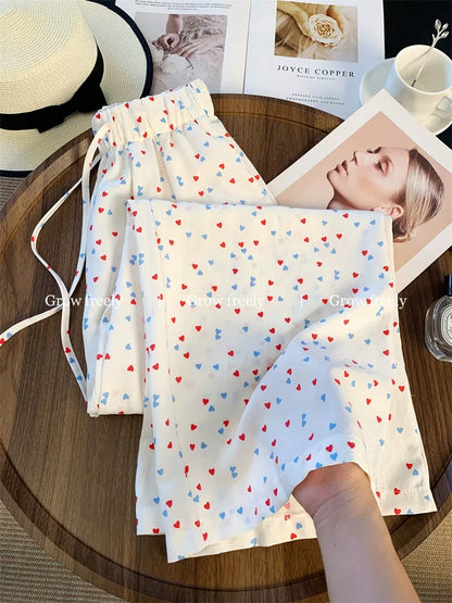 Grow freely Korean style colorful heart print casual pants for women, summer thin high-waisted loose wide-leg pants