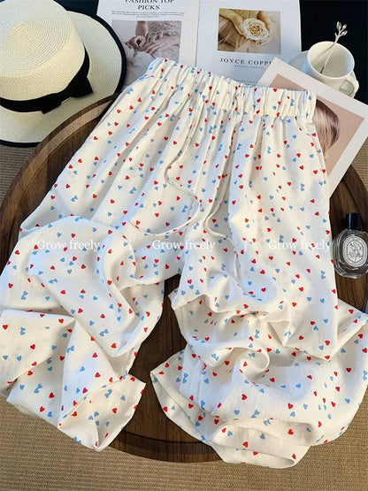 Grow freely Korean style colorful heart print casual pants for women, summer thin high-waisted loose wide-leg pants