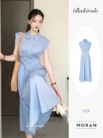 Korean temperament niche design dress 2025 new women's summer small flying sleeves waist slimming shirt long skirt