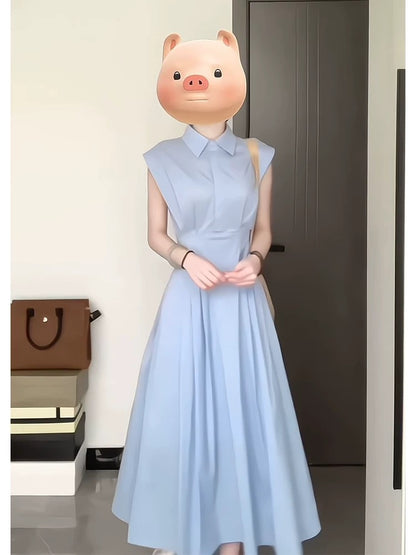 Korean temperament niche design dress 2025 new women's summer small flying sleeves waist slimming shirt long skirt
