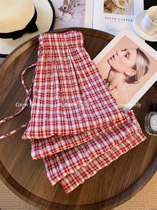 Grow freely Korean style red plaid casual wide-leg pants for women, perfect for summer, relaxed, loose, slimming, floor-length.