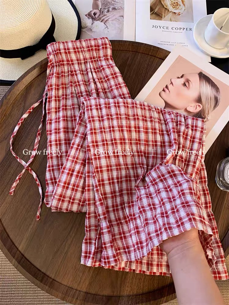 Grow freely Korean style red plaid casual wide-leg pants for women, perfect for summer, relaxed, loose, slimming, floor-length.