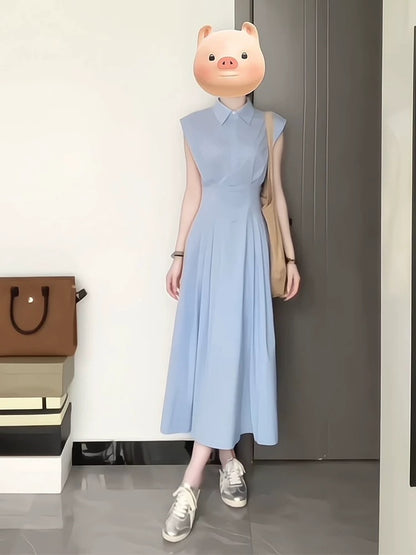 Korean temperament niche design dress 2025 new women's summer small flying sleeves waist slimming shirt long skirt