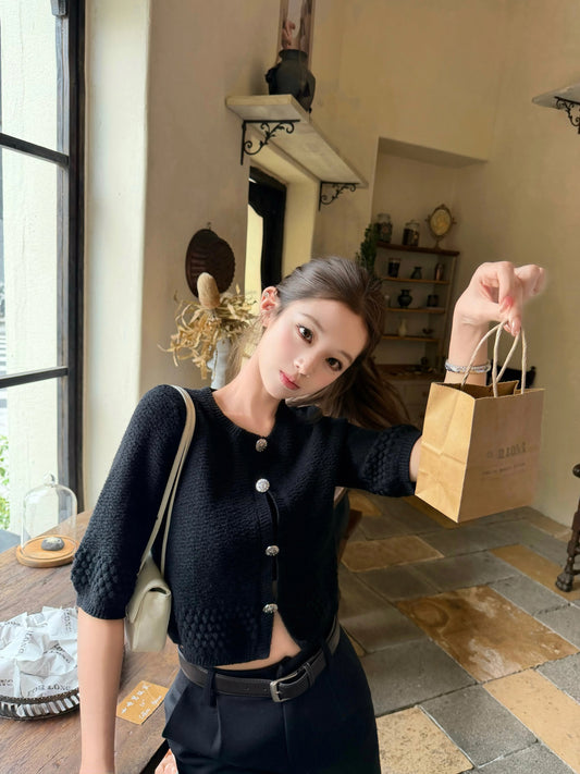 CHICYOU "Heiress Aesthetic" Wool-Blend Knit Cardigan – Elbow-Length Sleeves, Rhinestone Buttons, and Versatile Style (Available in 3 Colors