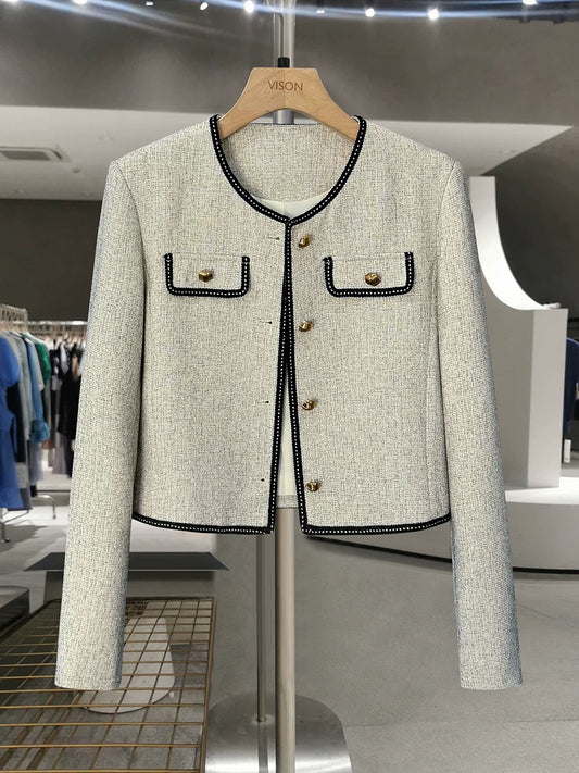 Silver-gray exquisite ladylike short suit jacket for women in spring and autumn 2025 new simple and fashionable tops