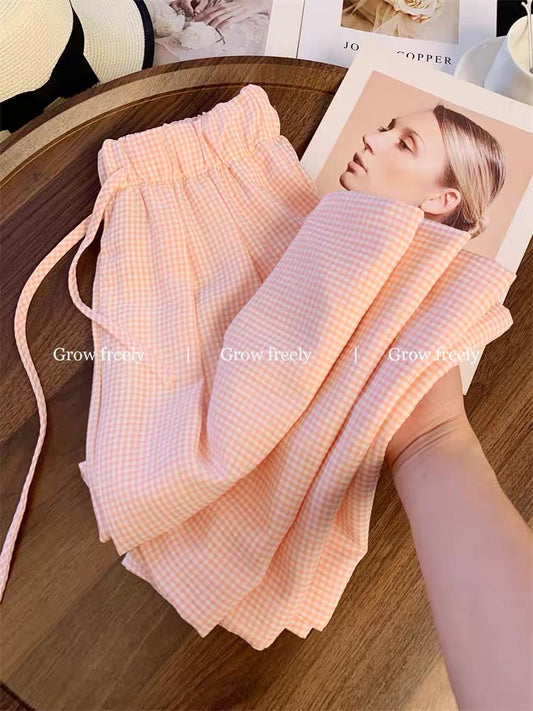 Grow freely pink plaid casual wide-leg pants for women, summer thin style, petite, loose boyfriend style, relaxed and casual.
