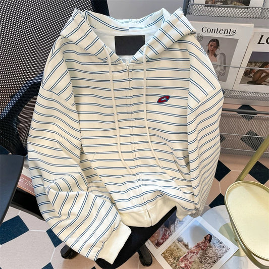 Autumn American retro blue and white striped sweatshirt cardigan women's Korean version of all-match casual lazy style hooded zipper jacket