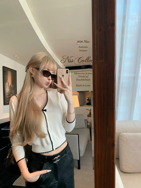NSS COLLECTION "Coco" Minimalist V-Neck Knit Top – Slim-Fit Long-Sleeve Shirt with Bow Detail