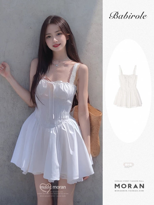 French white moonlight suspender dress for women summer new waistline vacation first love date white short skirt for small people