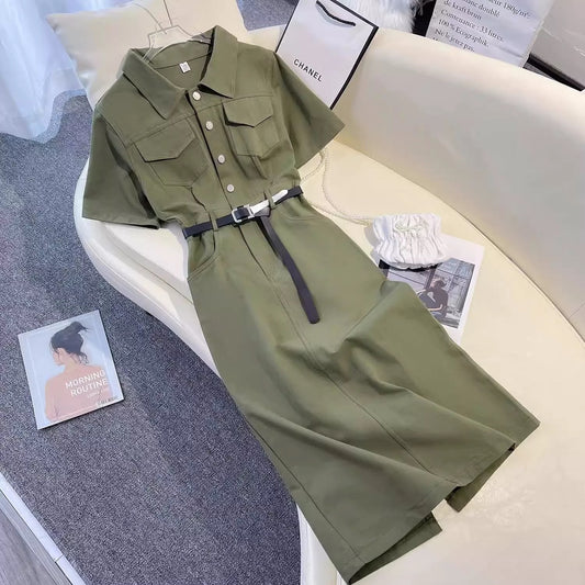 Foreign trade pure original Italian temperament cool style denim skirt fashionable and unique polo collar queen dress for women