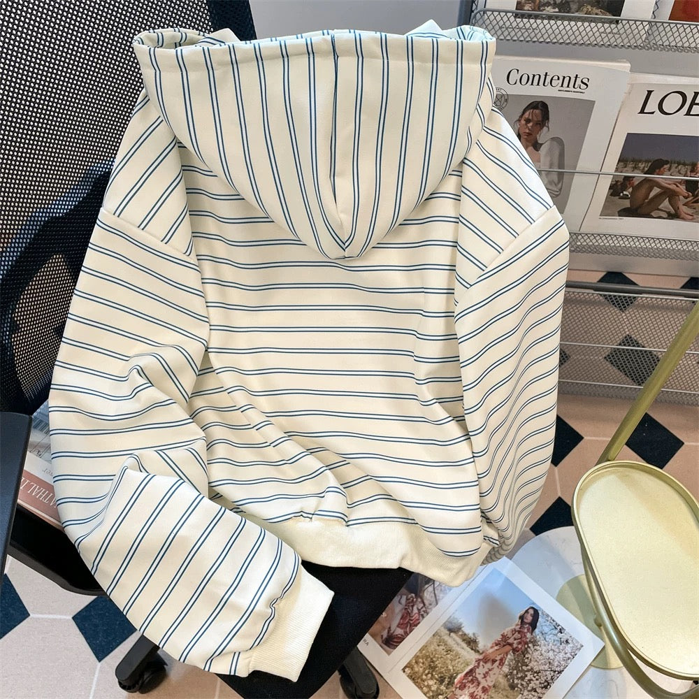 Autumn American retro blue and white striped sweatshirt cardigan women's Korean version of all-match casual lazy style hooded zipper jacket