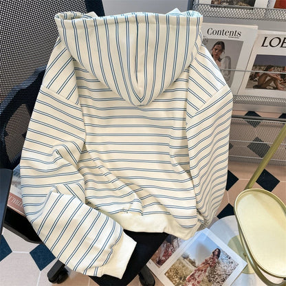 Autumn American retro blue and white striped sweatshirt cardigan women's Korean version of all-match casual lazy style hooded zipper jacket