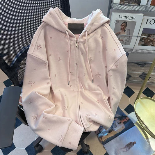Korean sweet small floral hooded sweatshirt cardigan women's early autumn lazy style pink fashion gentle wear jacket