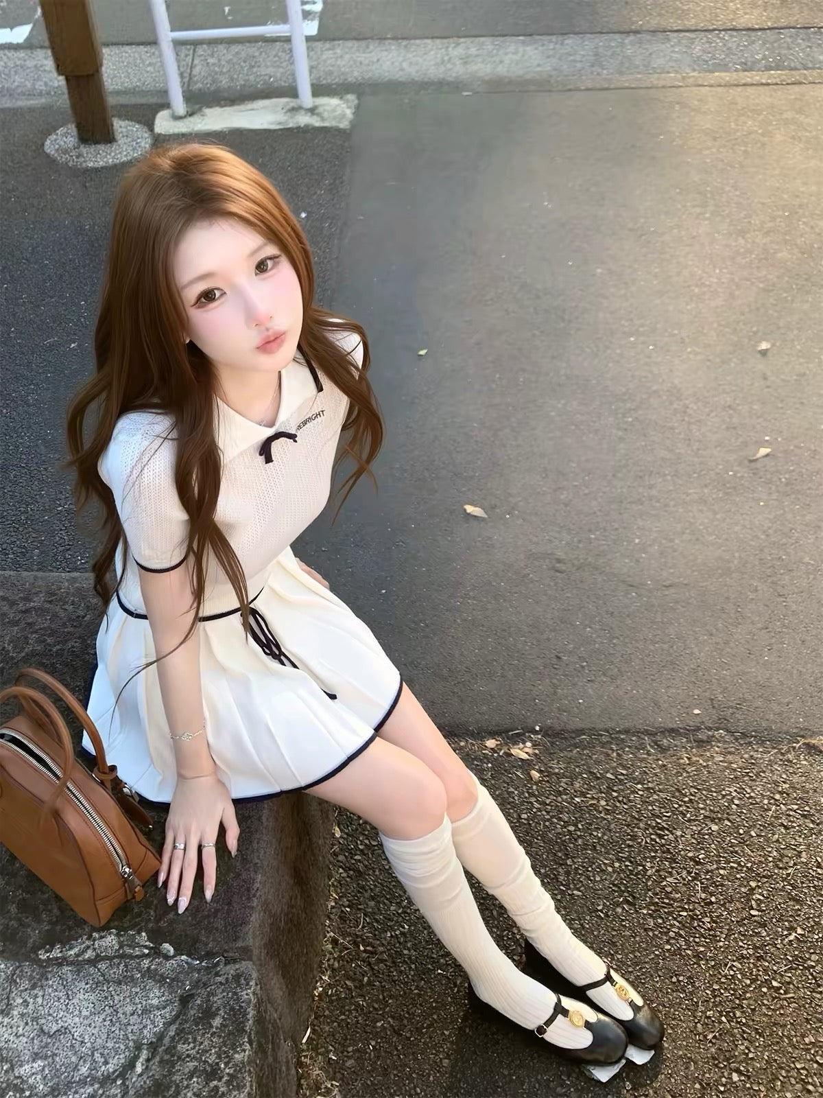 Bigking "Miu-style" Preppy White Short-Sleeved Knit Top with Bow Detail (Matching Set)