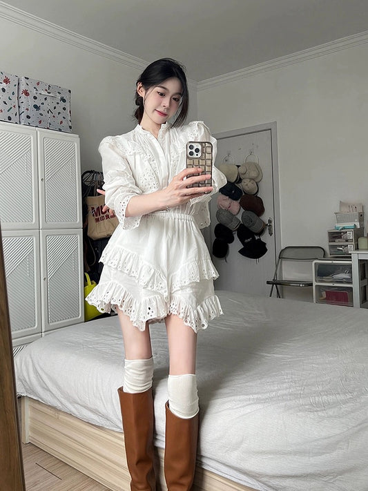 Drawdream temperament ruffled hollow embroidered long-sleeved shirt for women, fashionable age-reducing high-waisted pants and skirt two-piece set