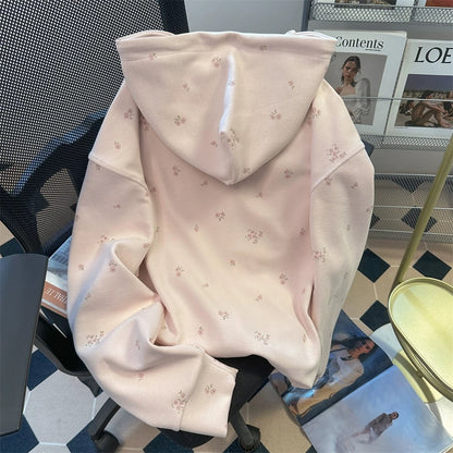 Korean sweet small floral hooded sweatshirt cardigan women's early autumn lazy style pink fashion gentle wear jacket