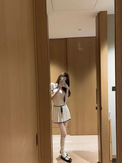 Bigking "Miu-style" Preppy White Short-Sleeved Knit Top with Bow Detail (Matching Set)