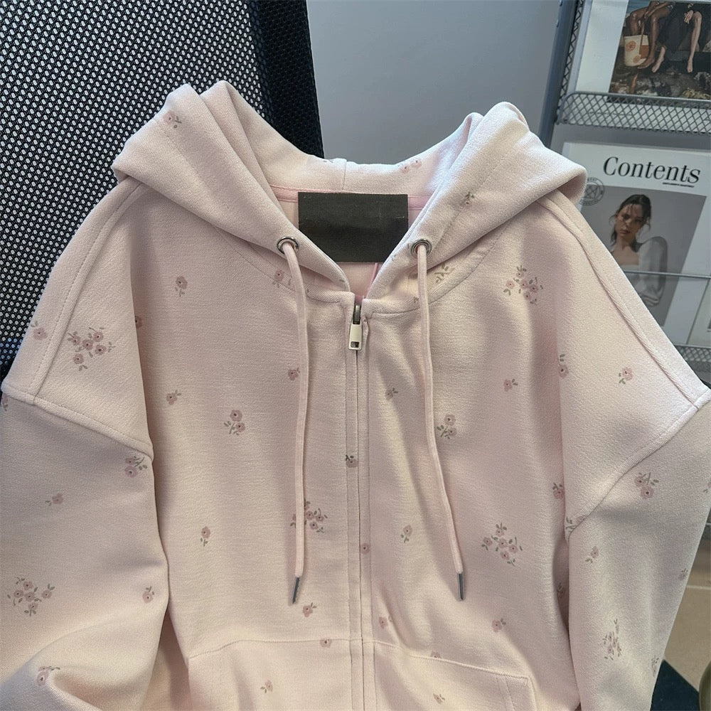 Korean sweet small floral hooded sweatshirt cardigan women's early autumn lazy style pink fashion gentle wear jacket