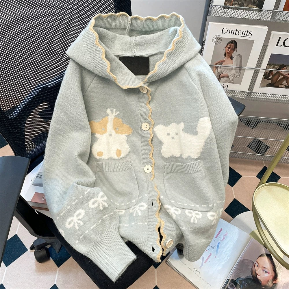 Japanese style unique hooded sweater jacket for women autumn and winter petite cute sweet knitted cardigan jacket