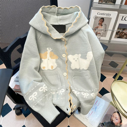 Japanese style unique hooded sweater jacket for women autumn and winter petite cute sweet knitted cardigan jacket