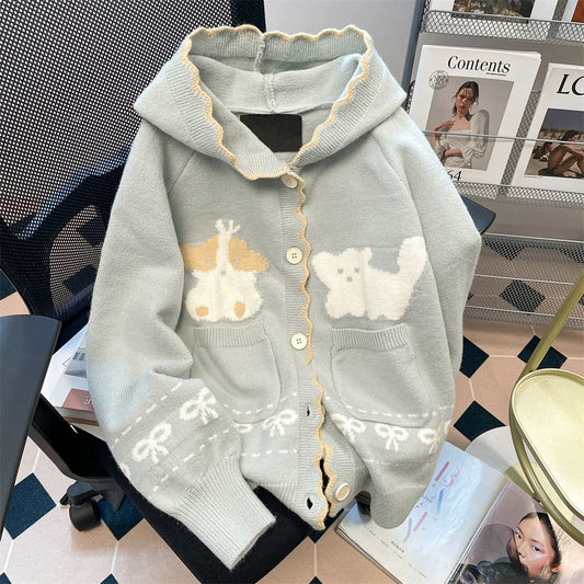 Japanese style unique hooded sweater jacket for women autumn and winter petite cute sweet knitted cardigan jacket
